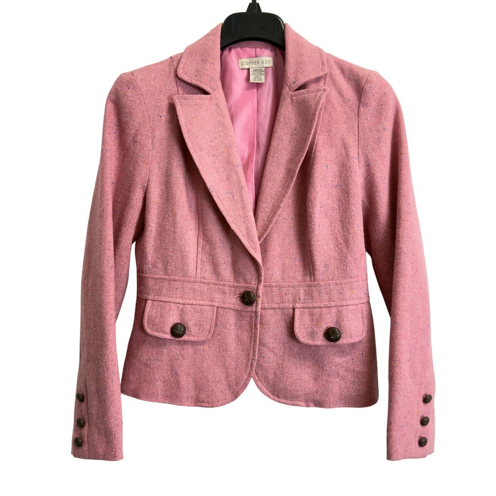 Vintage Copper Key Pink Tweed Wool Blend Blazer Women's M Jacket Rainbow Fleck